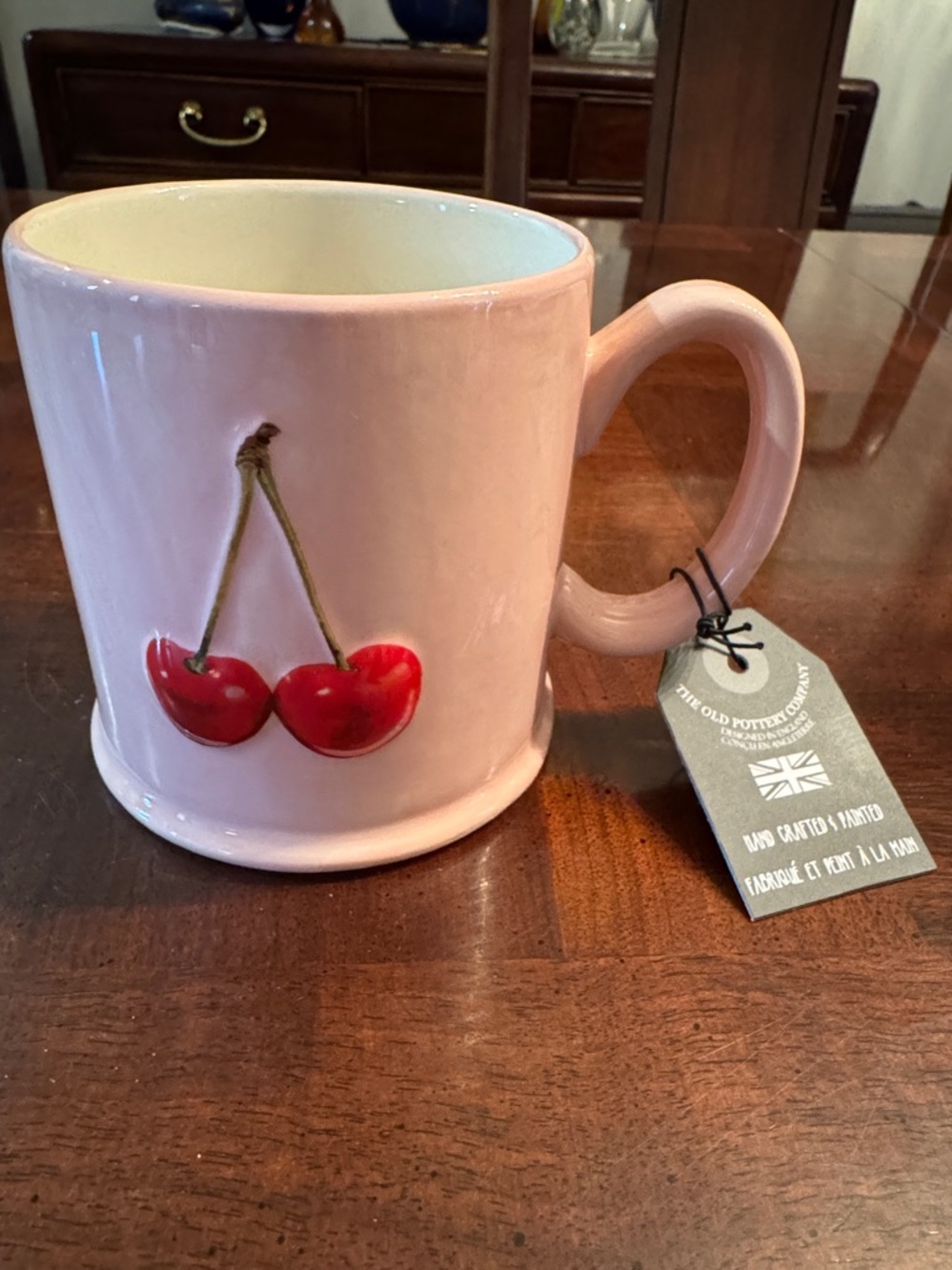 Cherries Mug The Old Pottery Company Coffee Pink Ceramic Embossed Cup NWT
